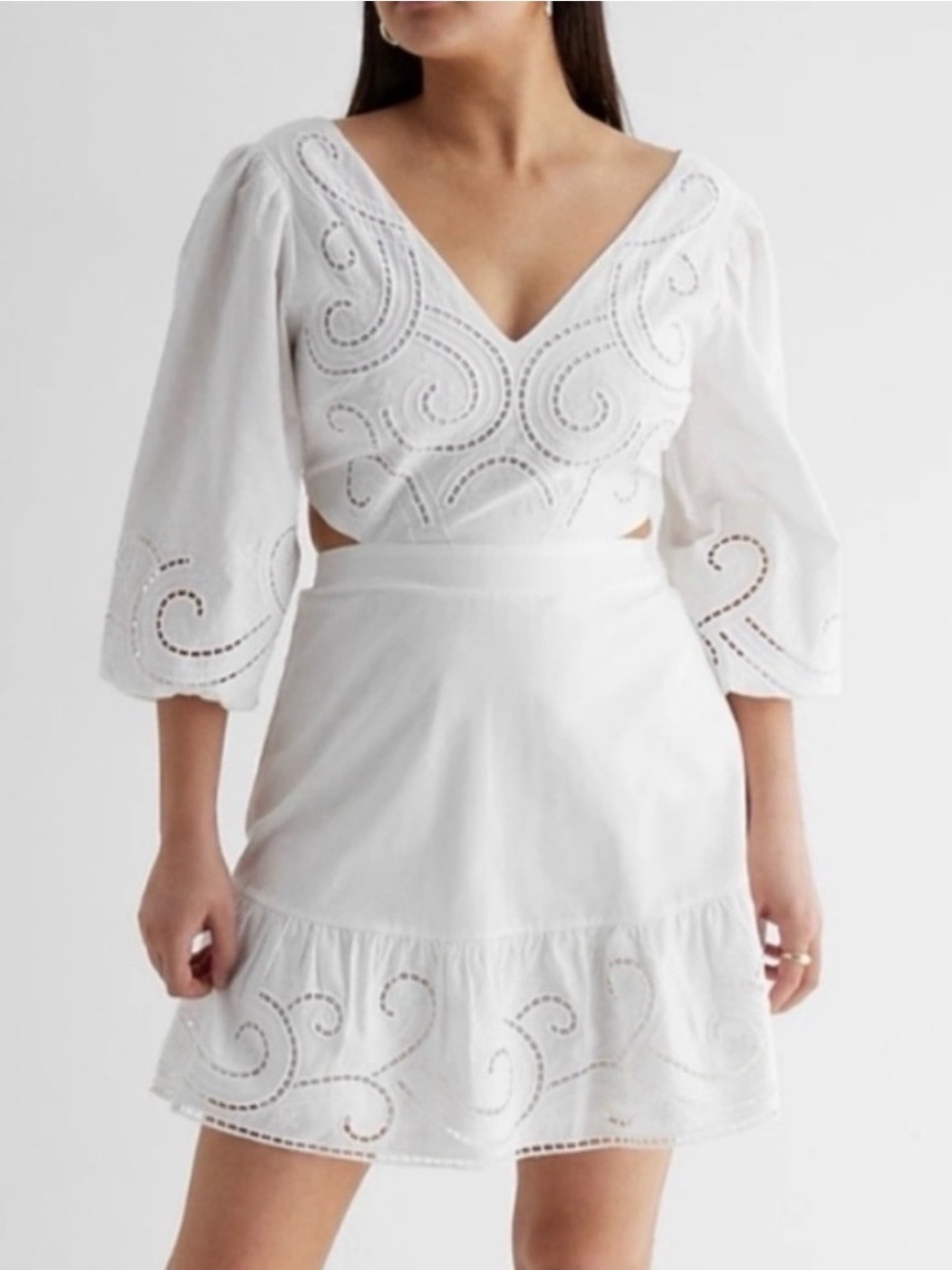 Express White Eyelet V-Neck Mini Dress